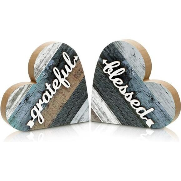 Rustic Heart Table Decor Set Wood Farmhouse Shelf Sign Grateful Love Gift - Picture 1 of 7